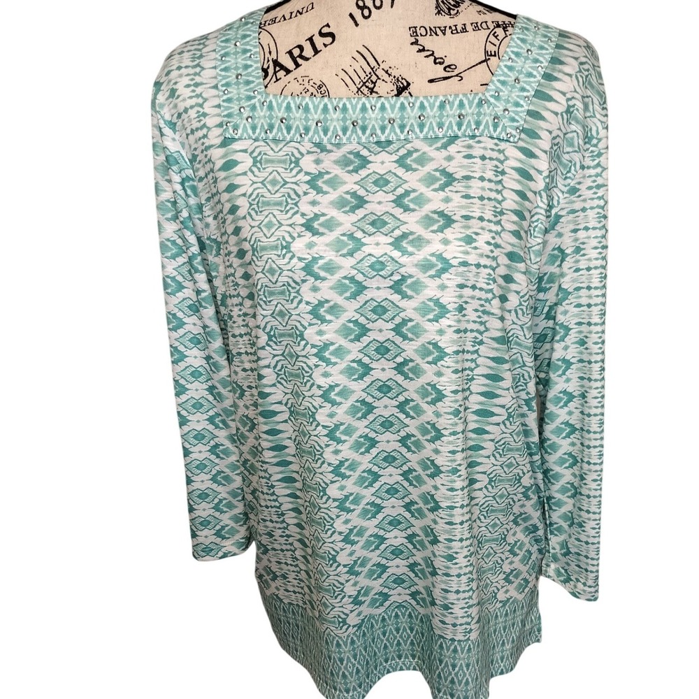 Alfred Dunner‎ Women Small Teal White Geometric Print Square Studded Accent Neck